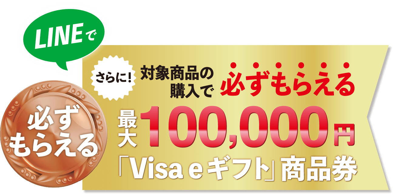 LINEで必ずもらえる。対象商品の購入で必ずもらえる最大１０万円「Visa eギフト」商品券